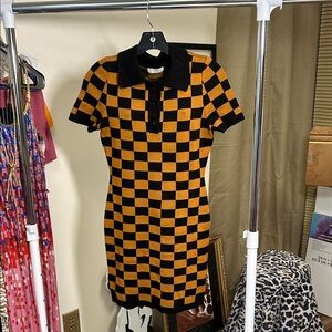 Chic Checkered Mini Dress in Black and Orange